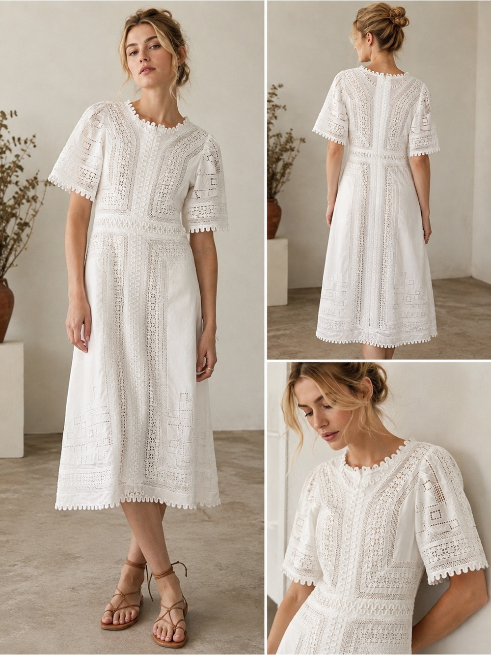 Sea New York White Lace Midi Dress with Scallop Trim